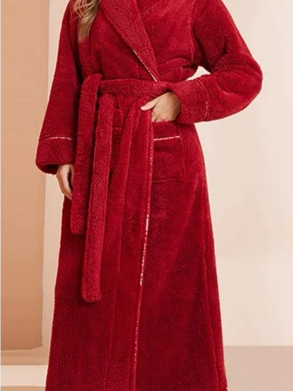Plush Longline Tie-Waist Robe — Deep Red